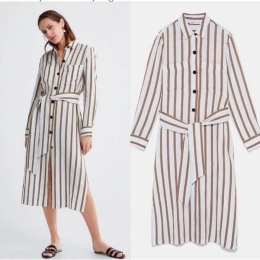 Zara linen blend striped midi dress‎ SZ XS belted button down shirt dress summe